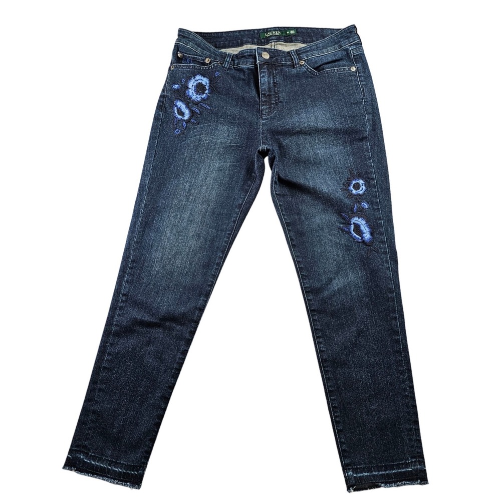 Lauren Ralph Lauren Jeans Womens 8P Blue Denim Floral Embroidered Premier Skinny